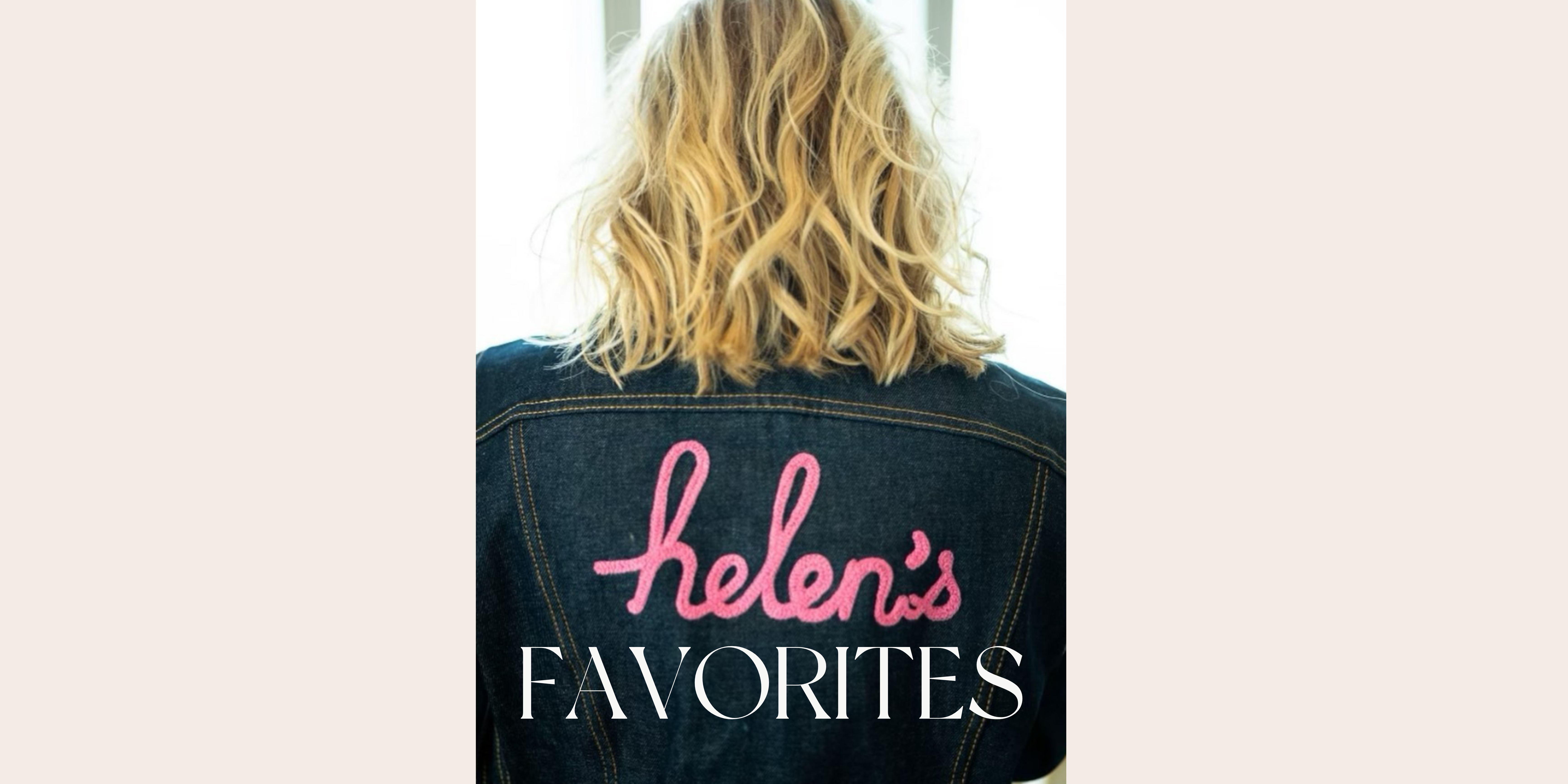 helen wearing denim jacjket that says helen's favorites